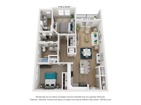 a 3d floor plan of a 1 bedroom apartment